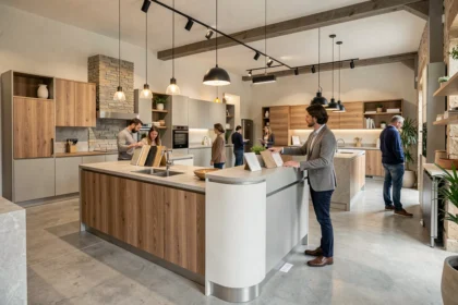 Vue d'ensemble d'un showroom de cuisinistes en Eure-et-Loir avec plusieurs modèles de cuisines exposés