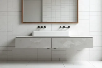 Meuble de salle de bain en béton cellulaire gris clair avec vasque céramique posée et miroir mural en bois