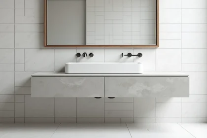 Meuble de salle de bain en béton cellulaire gris clair avec vasque céramique posée et miroir mural en bois