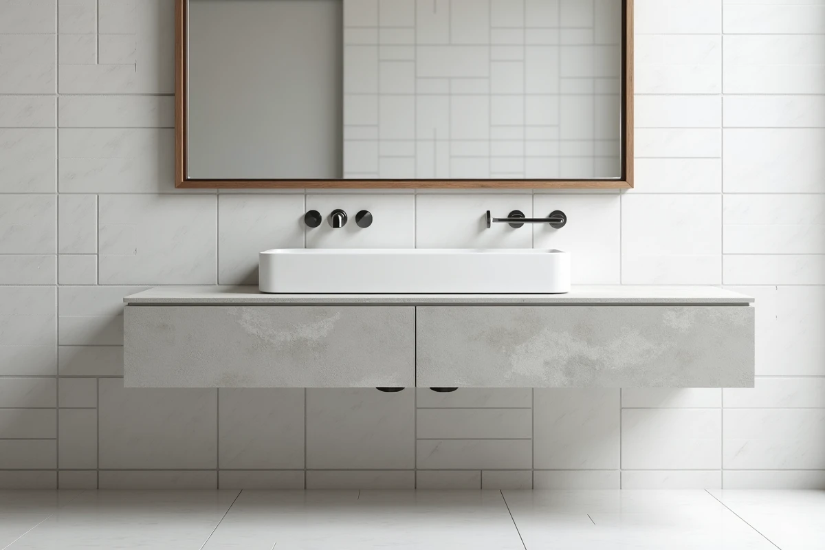 Meuble de salle de bain en béton cellulaire gris clair avec vasque céramique posée et miroir mural en bois