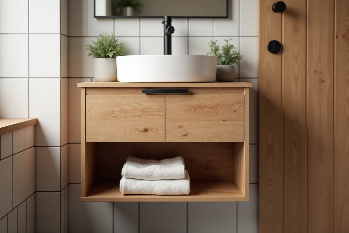 Meuble salle de bain en bois chêne massif avec tiroirs et tablette ouverte dans une salle de bain style scandinave