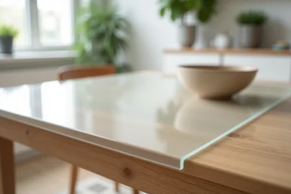 Nappe transparente 2 mm sur mesure posée sur une table en chêne, effet plateau verre révélant le bois naturel