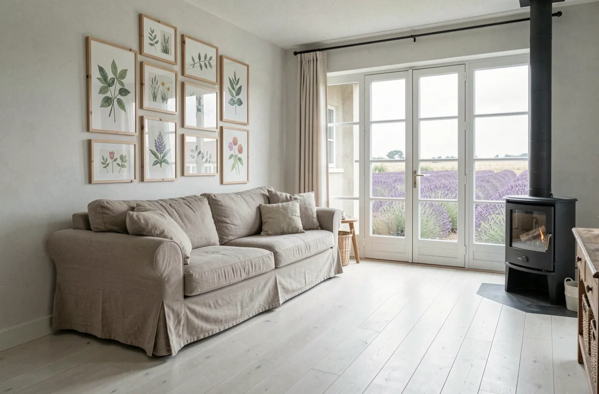 Séjour fusion scandinave-provençale aménagé par Nathalie Borowsky avec plancher en chêne blanchi, poêle en céramique et portes donnant sur les champs de lavande
