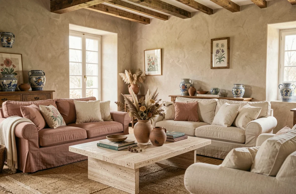 Salon provençal aménagé par Nathalie Vingot Mei - SAS Décoration et Provence avec poutres en bois, céramiques artisanales et tissus en lin naturel