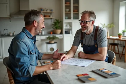 Homme d'âge moyen négociant avec un artisan dans une cuisine moderne
