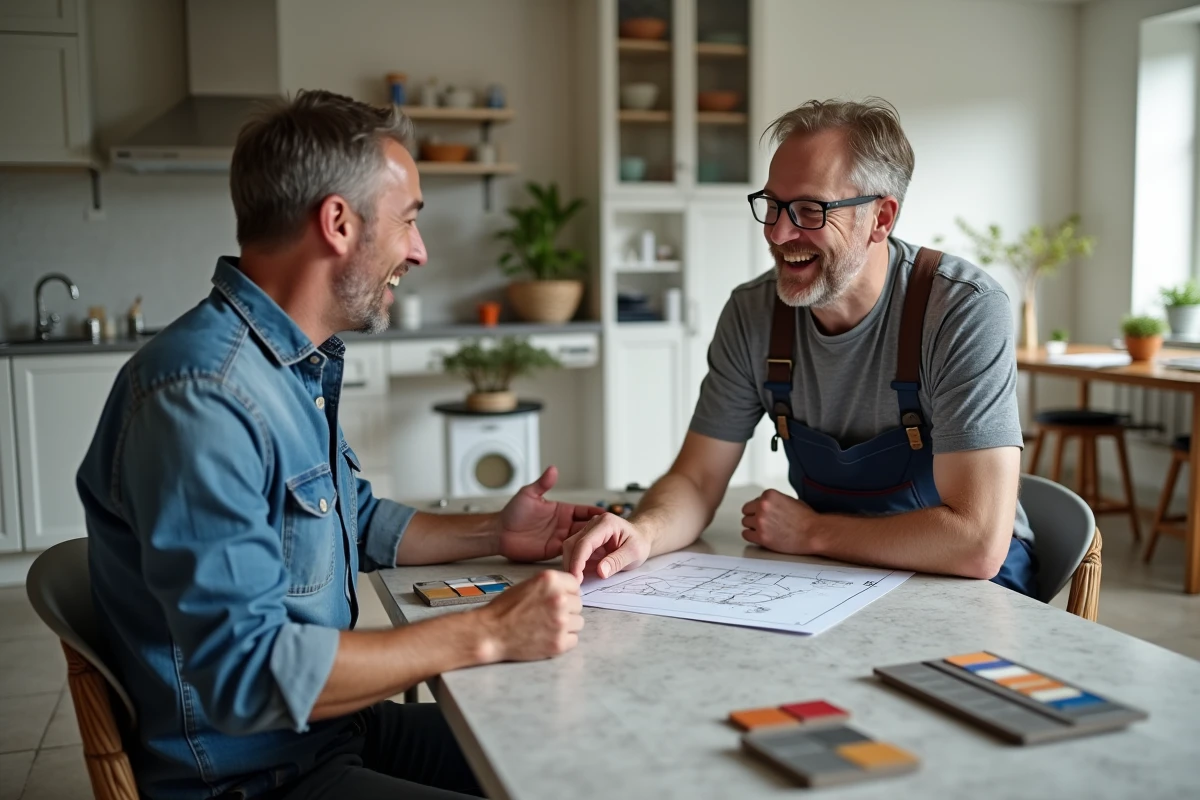 Homme d'âge moyen négociant avec un artisan dans une cuisine moderne