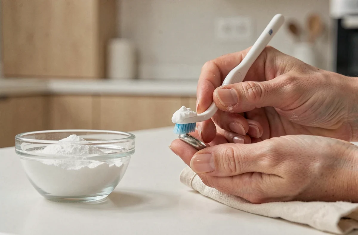 Mains de femme nettoyant une bague en argent avec du bicarbonate de soude et une brosse à dents douce sur un plan de travail blanc