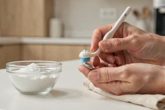 Mains de femme nettoyant une bague en argent avec du bicarbonate de soude et une brosse à dents douce sur un plan de travail blanc