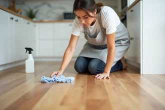 Femme nettoyant un parquet stratifié avec un balai microfibre et un produit nettoyant adapté dans une cuisine moderne