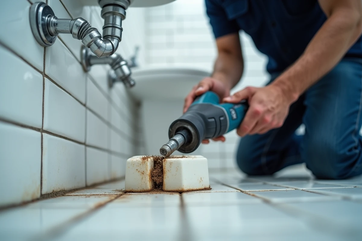 Homme utilisant un outil rotatif pour créer une nouvelle fente dans une vis foirée rouillée dans une salle de bain
