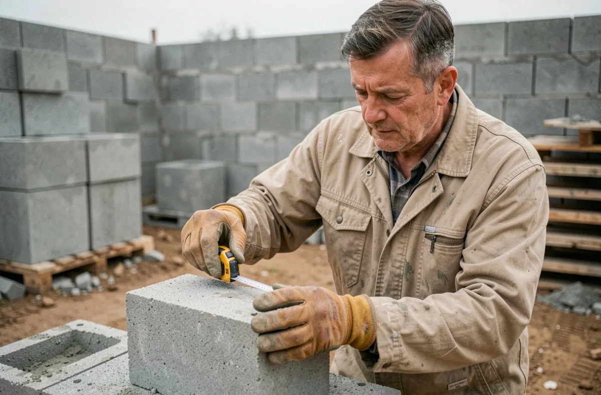 Ouvrier mesurant un parpaing standard sur un chantier de construction avec un mètre ruban en acier
