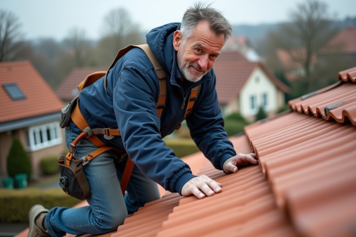 ouvrier-pose-tuiles-ardoise Ouvrier en tenue de travail pose une tuile en ardoise sur un toit