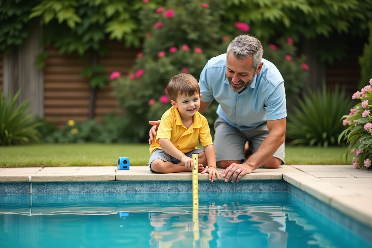 Parent et enfant mesurant la piscine dans le jardin familial
