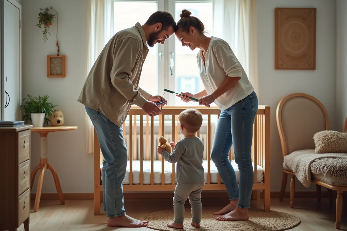 Jeune couple assemble un lit bébé d