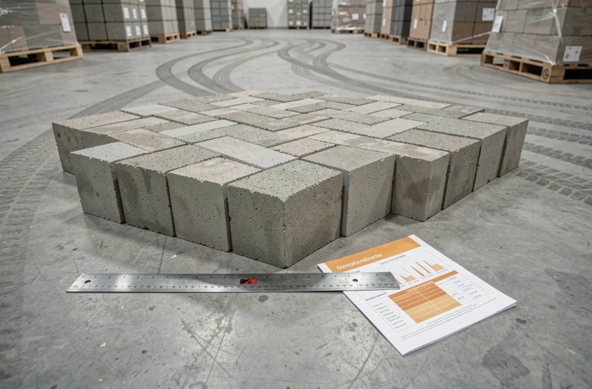 Arrangement de parpaings de dimensions standard empilés en entrepôt avec une règle métallique et une fiche technique de dimensions