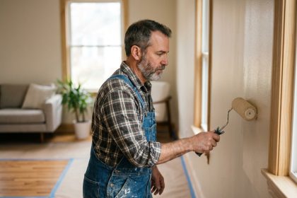 Peintre moyen âge appliquant une couche de peinture sur un mur moderne