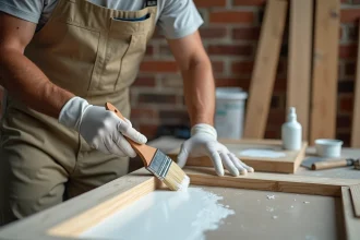 Artisan appliquant de la peinture blanche sur une boiserie vernie avec un pinceau en soies naturelles, préparation de surface visible
