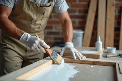 Artisan appliquant de la peinture blanche sur une boiserie vernie avec un pinceau en soies naturelles, préparation de surface visible