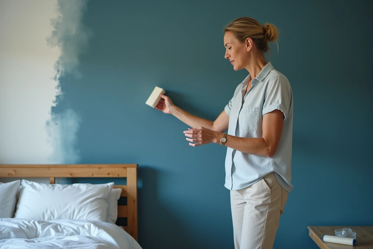 Femme adulte nettoyant un mur peint en bleu ardoise avec une peinture lessivable dans une chambre adulte