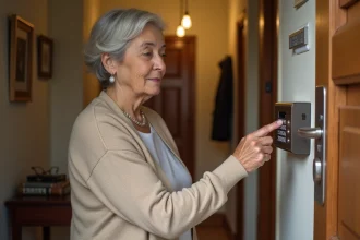 Personne âgée utilisant un coffre à clé sécurisé fixé près de la porte d'entrée de son domicile
