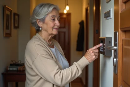 Personne âgée utilisant un coffre à clé sécurisé fixé près de la porte d'entrée de son domicile