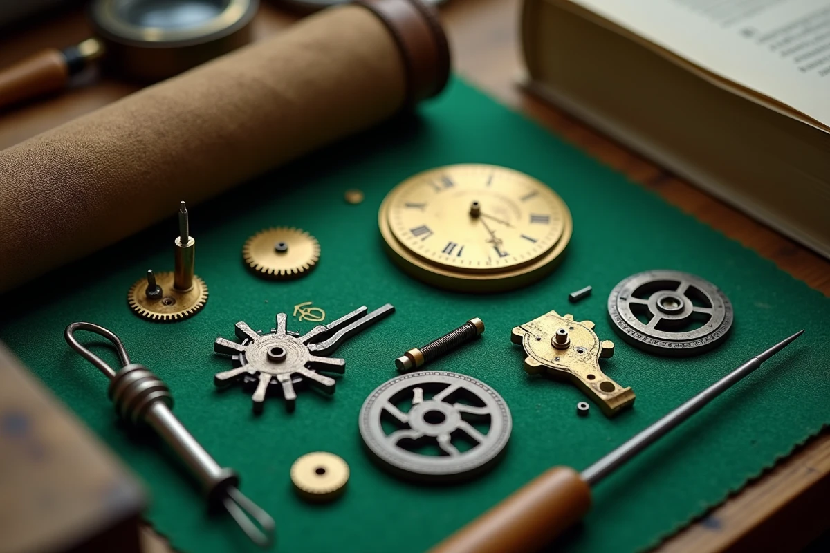 Pièces détachées d'une horloge comtoise ancienne disposées sur un tapis vert lors d'une restauration horlogère