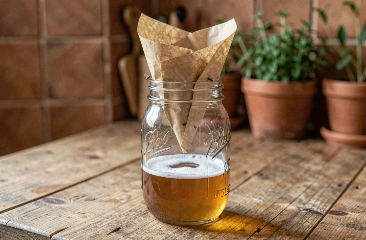 Bocal en verre réutilisable rempli de vinaigre de cidre utilisé comme piège à mouches à fruits sur un plan de travail en bois rustique