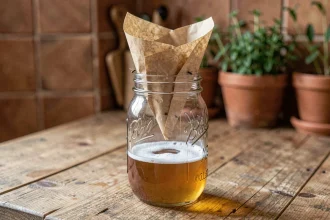 Bocal en verre réutilisable rempli de vinaigre de cidre utilisé comme piège à mouches à fruits sur un plan de travail en bois rustique
