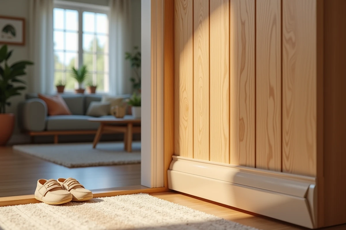 Pince-doigt translucide installé sur une porte en bois massif dans une entrée de maison familiale, sans perçage