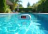Piscine extérieure moderne avec eau bleue et thermomètre digital