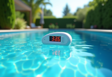 Piscine extérieure moderne avec eau bleue et thermomètre digital