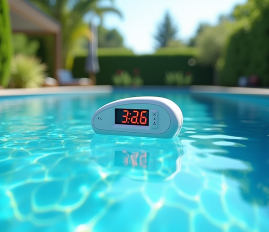 Piscine extérieure moderne avec eau bleue et thermomètre digital