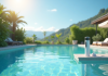 Piscine extérieure moderne sous un ciel d'été avec distributeur de chlore