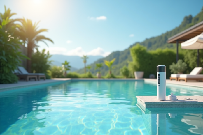 Piscine extérieure moderne sous un ciel d'été avec distributeur de chlore