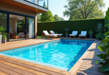 Piscine moderne de 10 m² dans le jardin avec mobilier