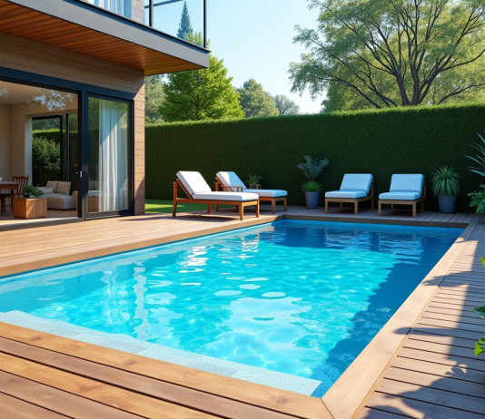 Piscine moderne de 10 m² dans le jardin avec mobilier
