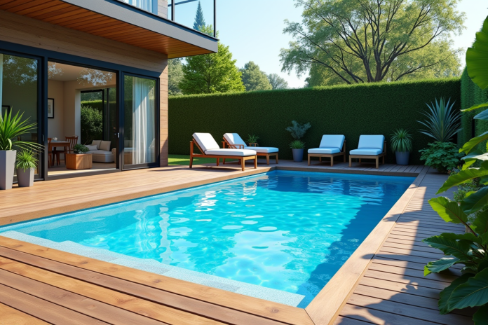 piscine-jardin-extrieur Piscine moderne de 10 m² dans le jardin avec mobilier