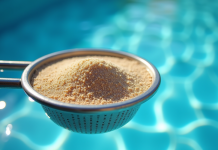 Panorama d'un écumeur de piscine rempli de sable fin avec l'eau bleue en arrière-plan