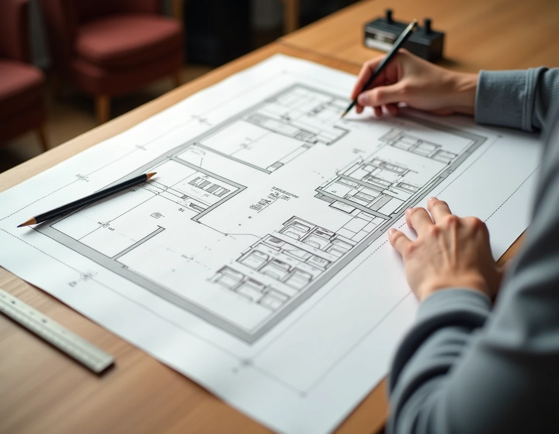 Plan technique d'une salle de cinéma maison avec dimensions et implantation des sièges dessiné sur papier