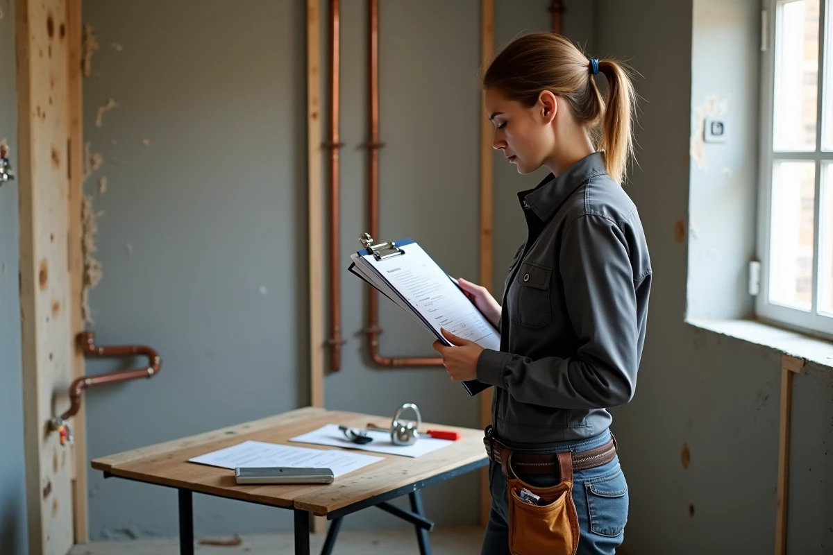 Plombière professionnelle consultant un devis de rénovation d'appartement devant une plomberie apparente en cuivre
