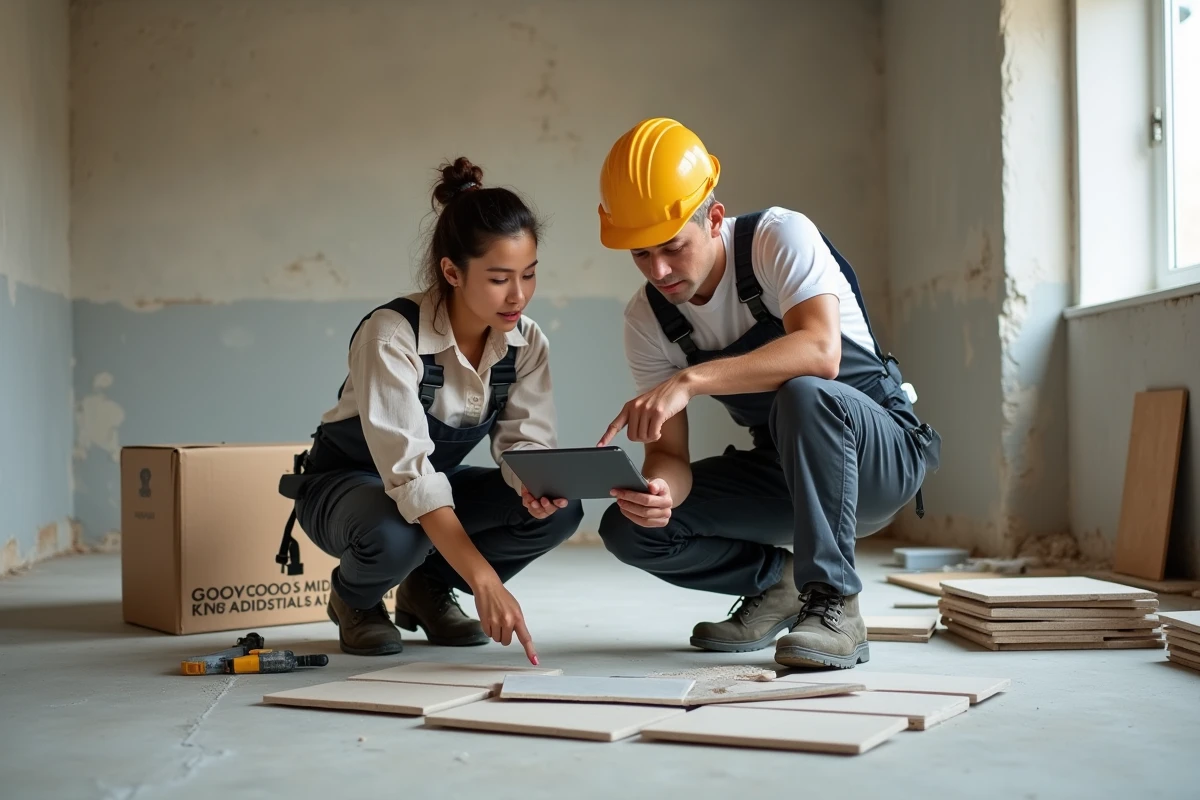 Jeune femme et artisan examinant des carreaux dans un espace en travaux
