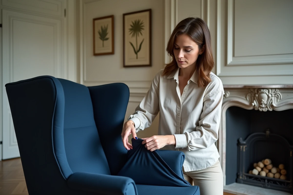Femme installant une housse de fauteuil extensible bleu marine sur un fauteuil à oreilles dans un appartement parisien