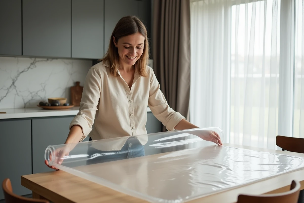 Femme installant une nappe transparente sur mesure 2 mm sur une grande table de salle à manger moderne
