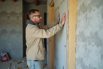 Ouvrier posant un panneau de placo isolant rigide contre un mur en béton brut lors de travaux d'isolation intérieure