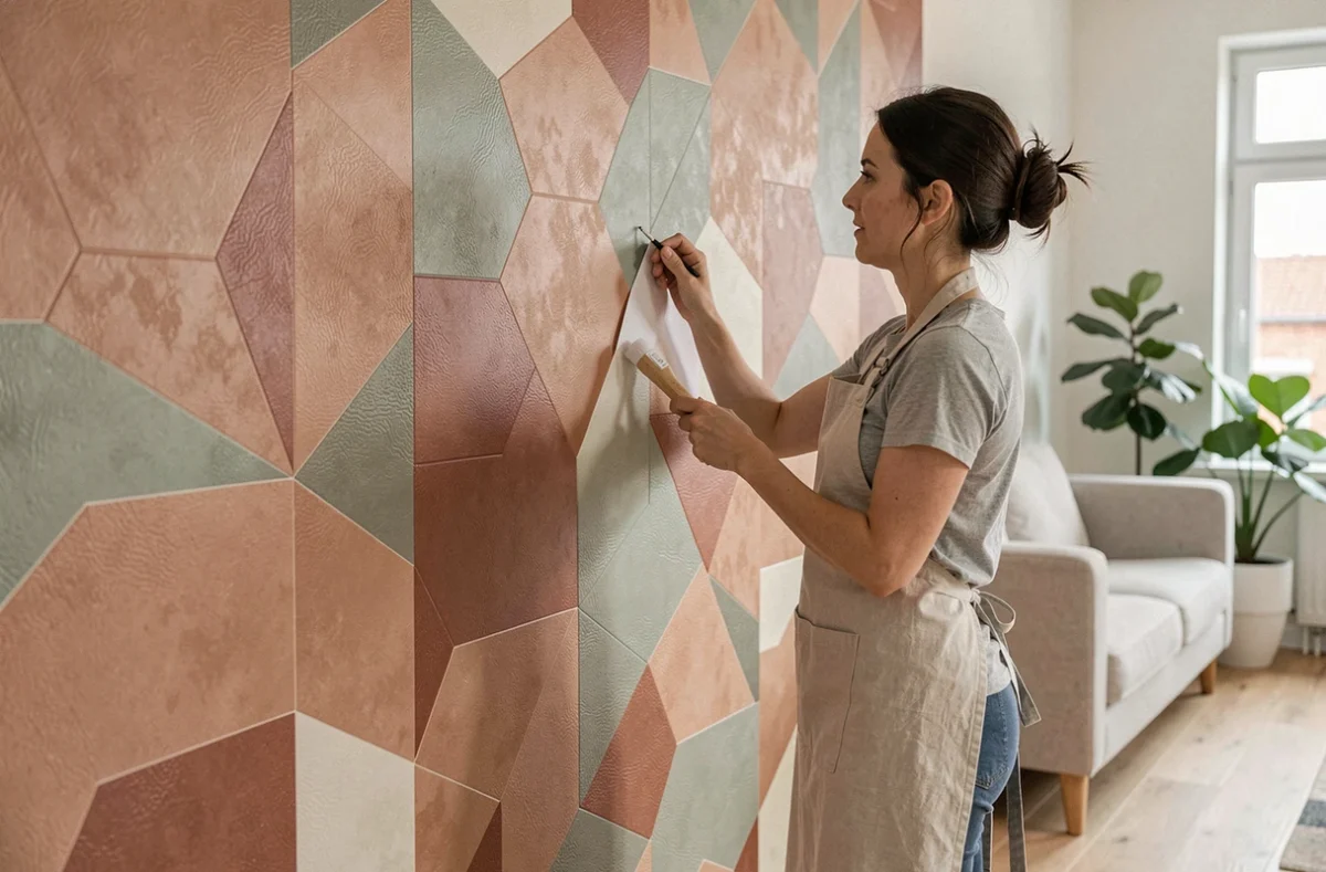 Femme appliquant un revêtement mural autocollant grande surface à motifs géométriques dans un salon moderne aux tons terracotta et sauge