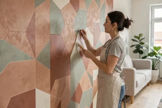 Femme appliquant un revêtement mural autocollant grande surface à motifs géométriques dans un salon moderne aux tons terracotta et sauge