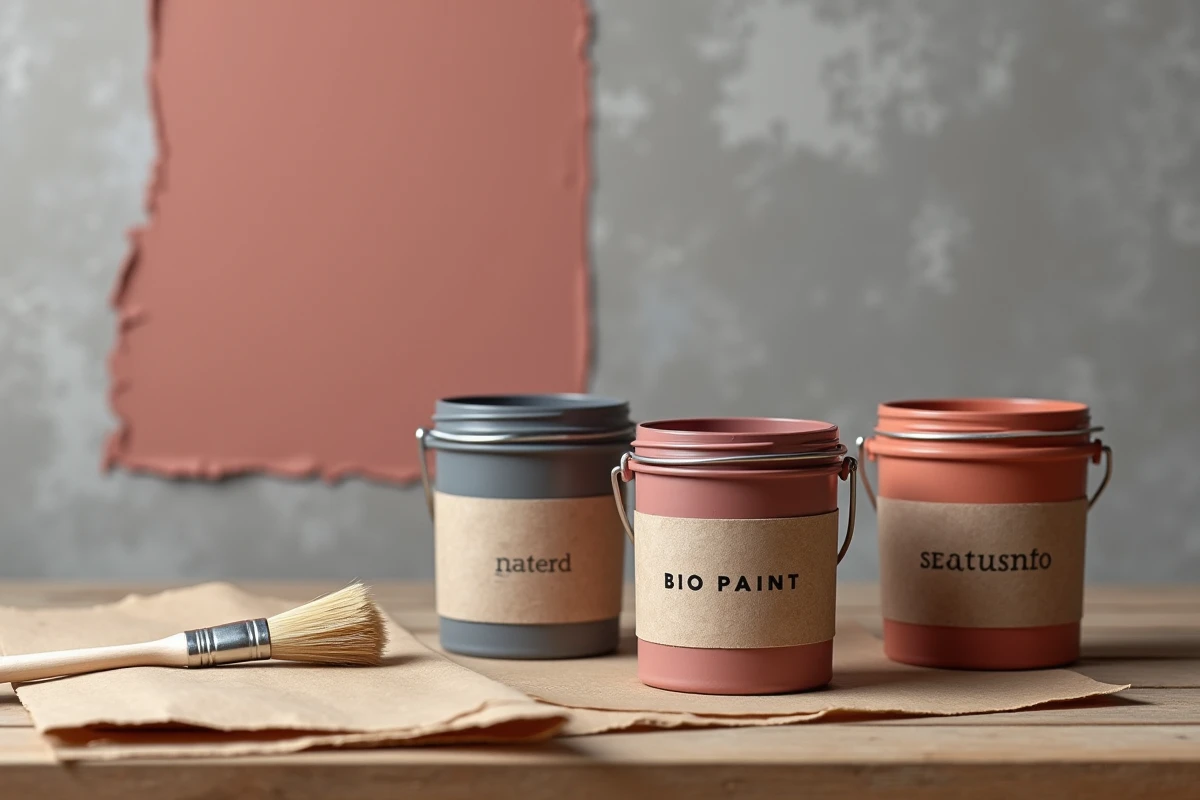 Pots de peinture bio ouverts en finition velours avec nuancier de couleurs pour chambre adulte sur table en bois