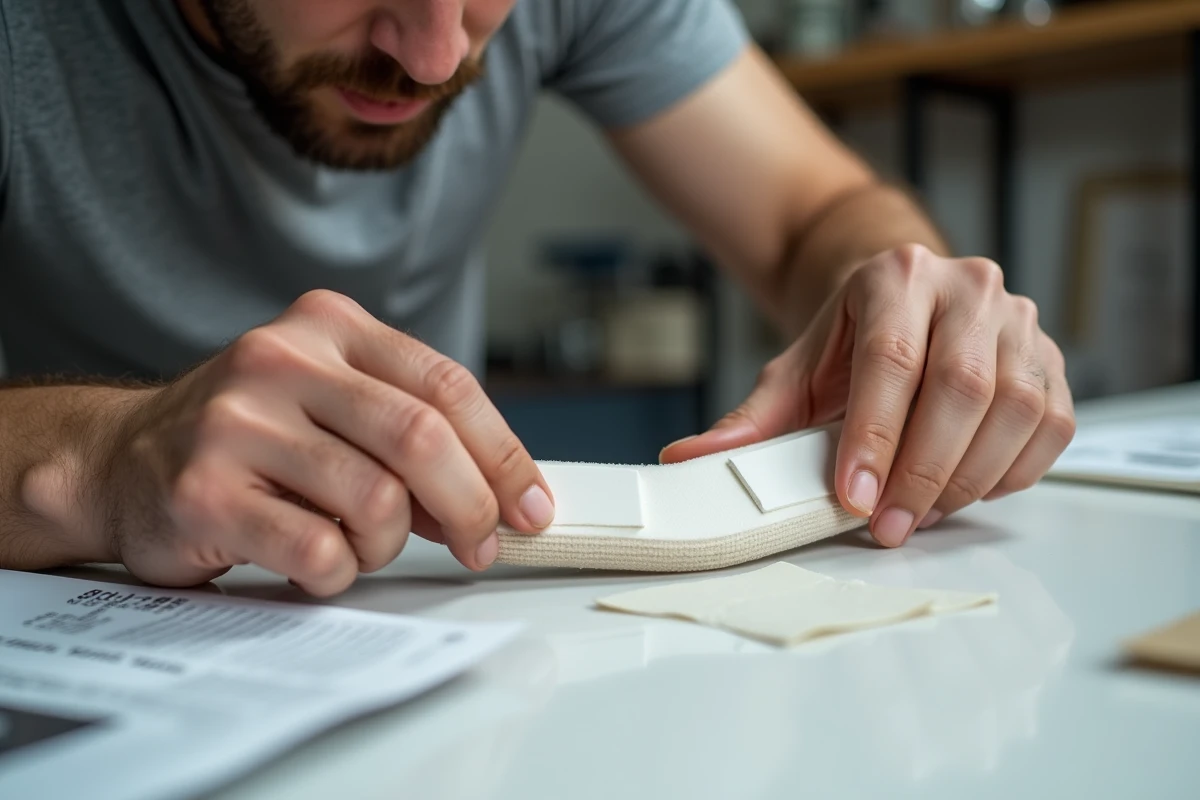 Homme préparant l'installation d'un protège-doigt adhésif pour porte, décollement du film de protection sur un plan de travail