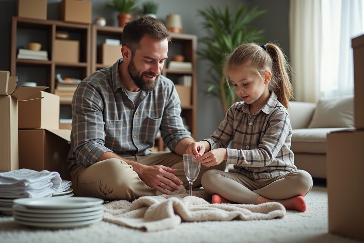 Pere et fille protégeant des verres avec des serviettes dans le salon