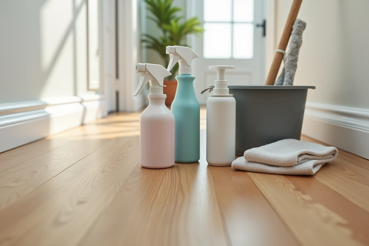 Produits nettoyants pour parquet stratifié posés sur un sol en laminé clair avec chiffon microfibre et seau
